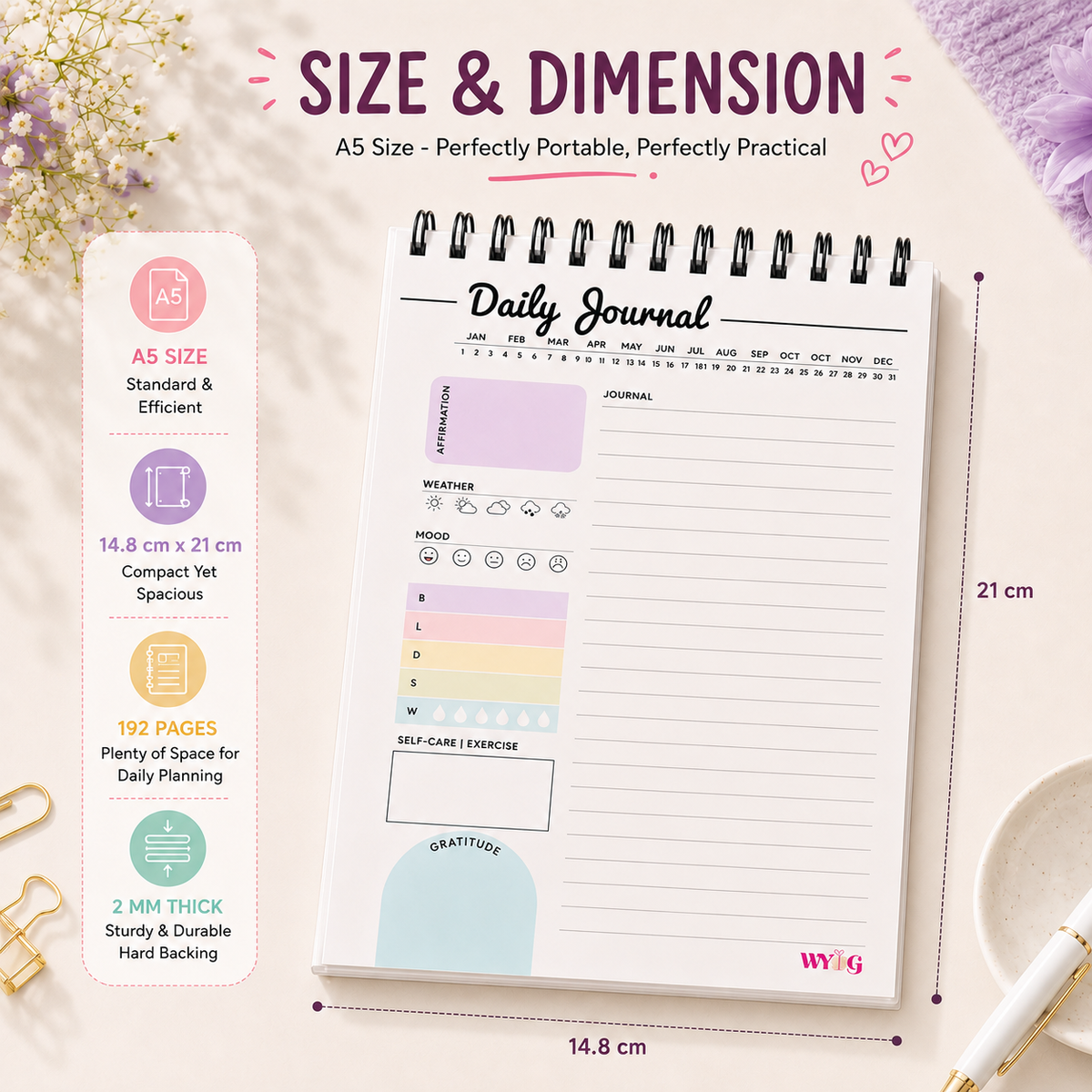 Daily Journal | A5 Size | 100 Pages | Undated with Gratitude, Affirmations & Mood Tracker