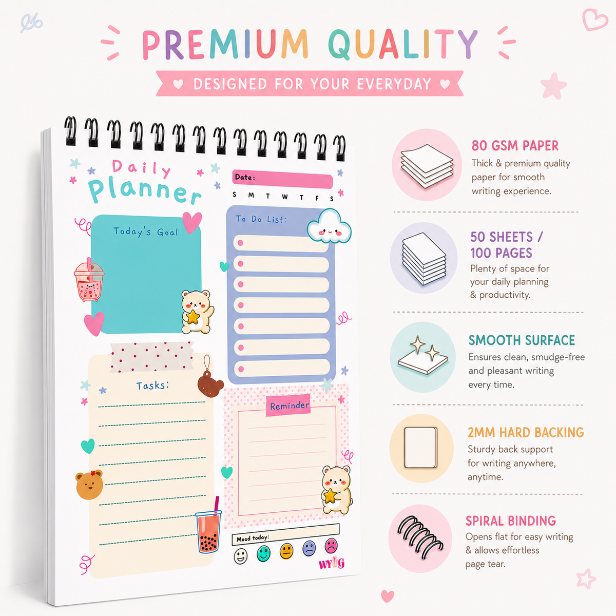Cloud Daily Planner | A5 Size | 100 Pages | 80 GSM | Undated with To-Do List, Goals & Mood Tracker