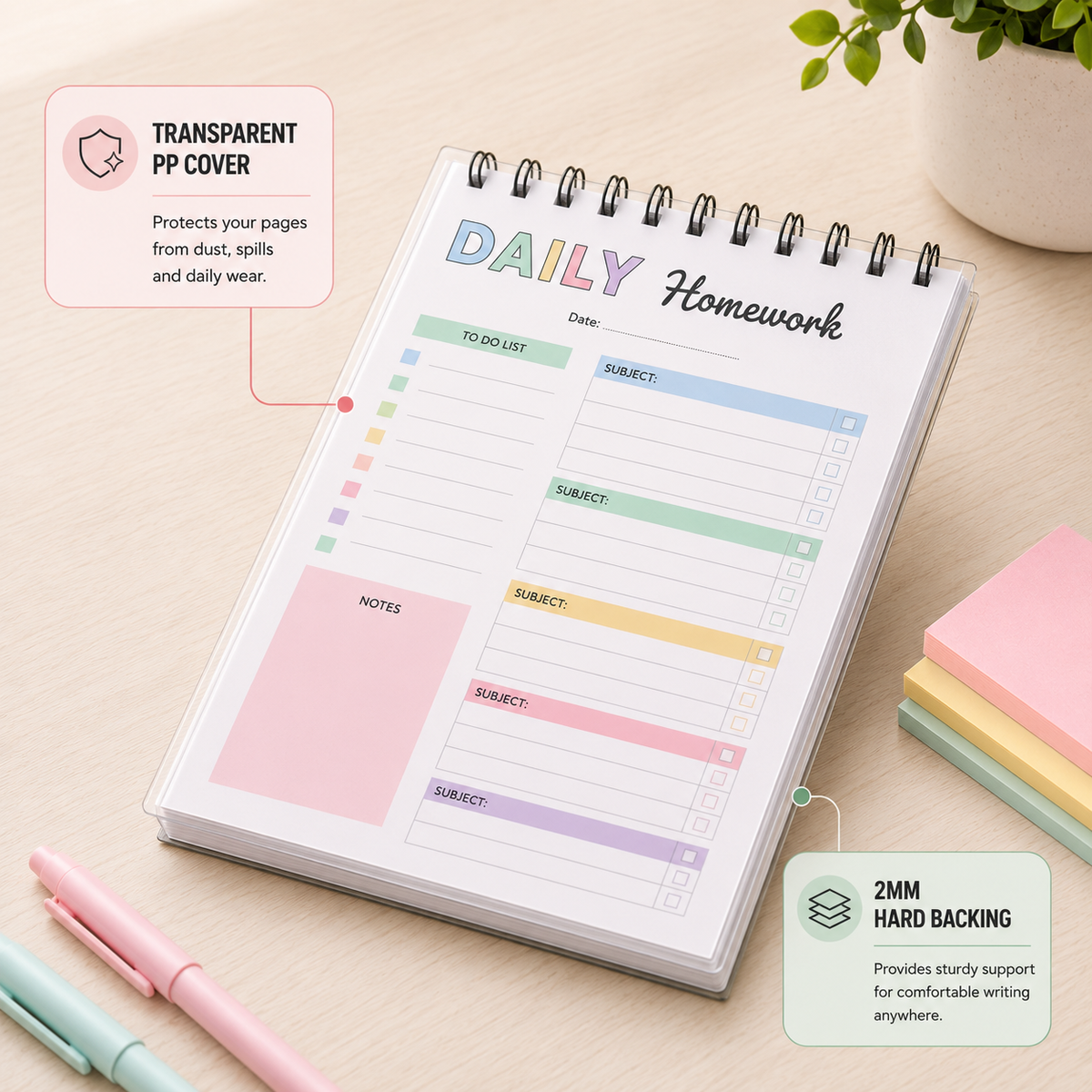 A5 Daily Homework Planner | Undated Spiral Homework Tracker | Subject-Wise Checklist, To-Do List & Notes