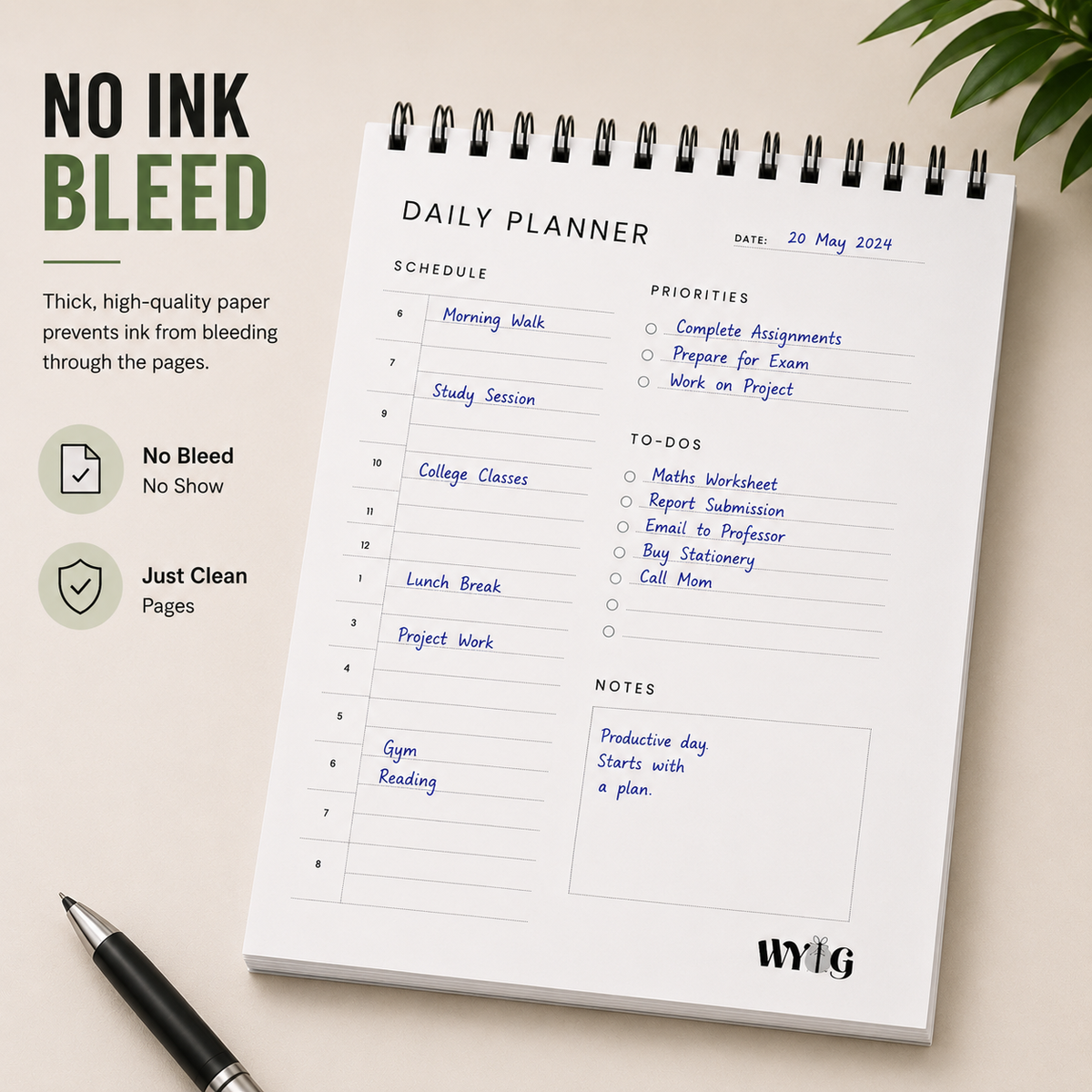 Black & White Daily Planner | A5 Size | 192 Pages | 80 GSM | Undated Spiral Notebook