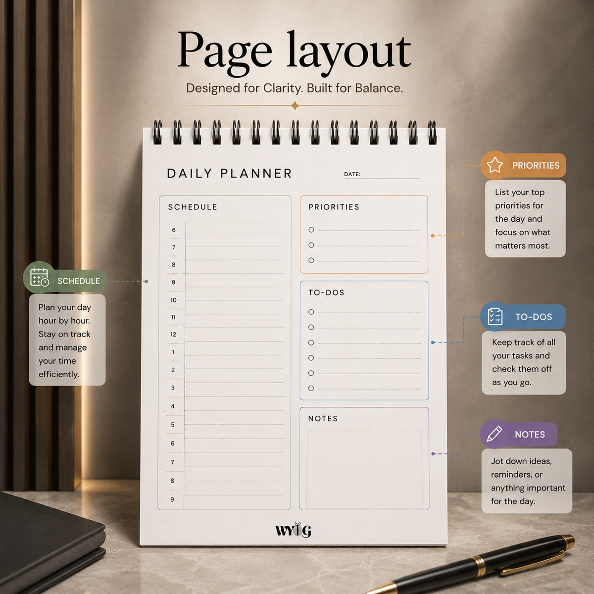Black & White Daily Planner | A5 Size | 192 Pages | 80 GSM | Undated Spiral Notebook