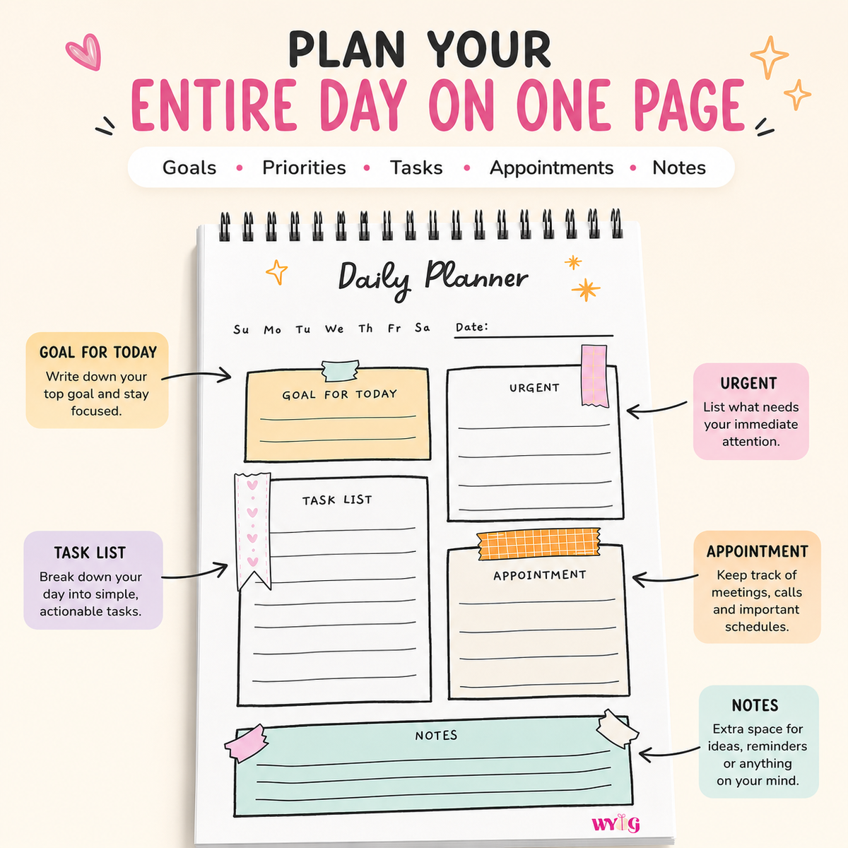 Cute A5 Daily Planner | Undated | 100 Pages, 100 GSM Paper, Goals, Priorities & Notes