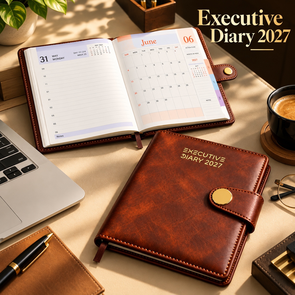 Brown Executive Diary Planner – A5, PU Leatherette Cover, Magnetic Closure & Ribbon Bookmark
