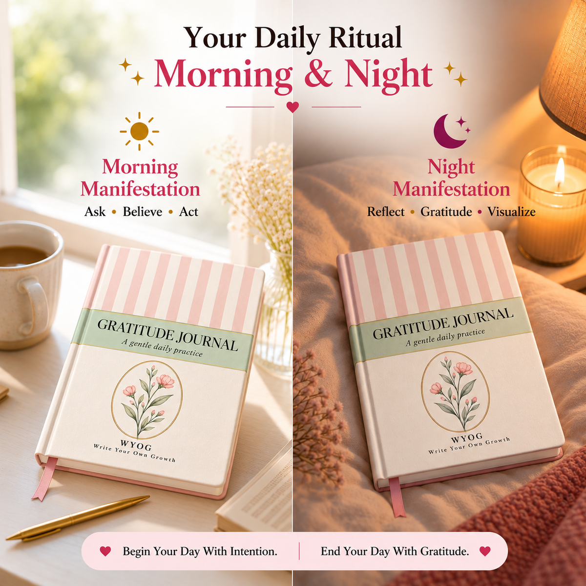 Floral Gratitude Journal | A5 Hardcover | 80 GSM | Morning & Night Manifestation Diary