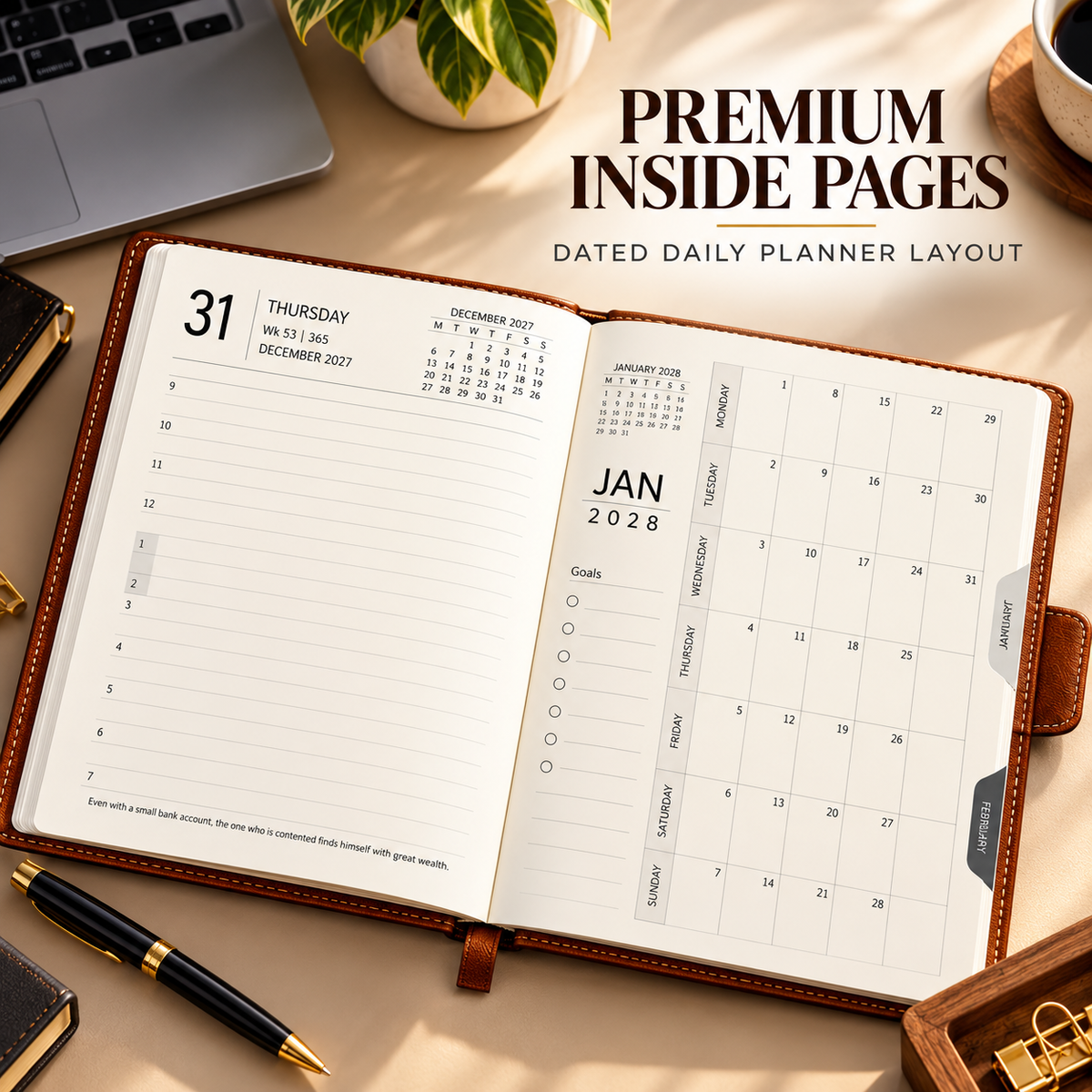 2027 Premium  Brown Executive Diary – 9 × 7.25 Inch, Magnetic Flap Planner, Goals setter