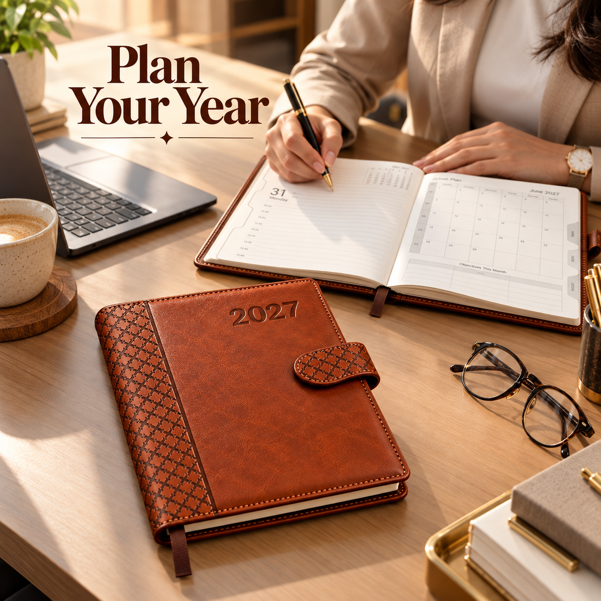 2027 Premium Brown Leatherette Diary Planner – 9 × 7.25 Inch, Magnetic Closure & Ribbon Bookmark