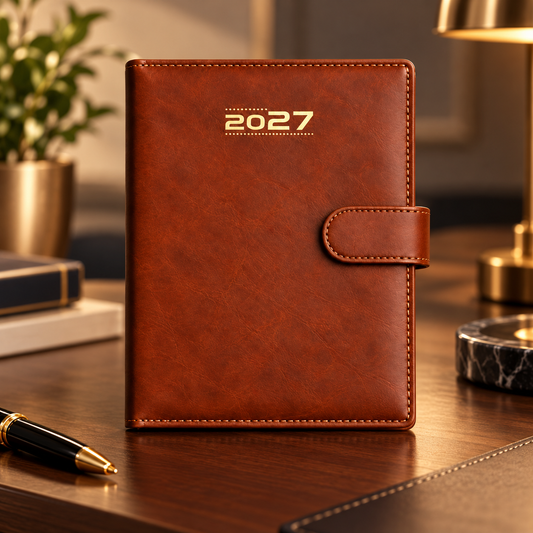 2027 Executive Diary,Brown PU Leather Planner, 9 × 7.25 Inch, Daily Organizer with Magnetic Closure