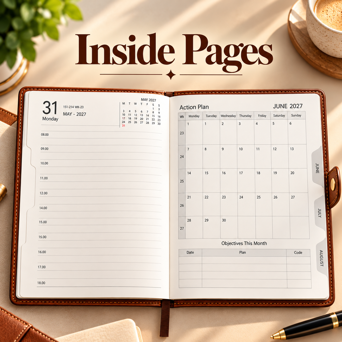 2027 Premium Brown Leatherette Diary Planner – 9 × 7.25 Inch, Magnetic Closure & Ribbon Bookmark