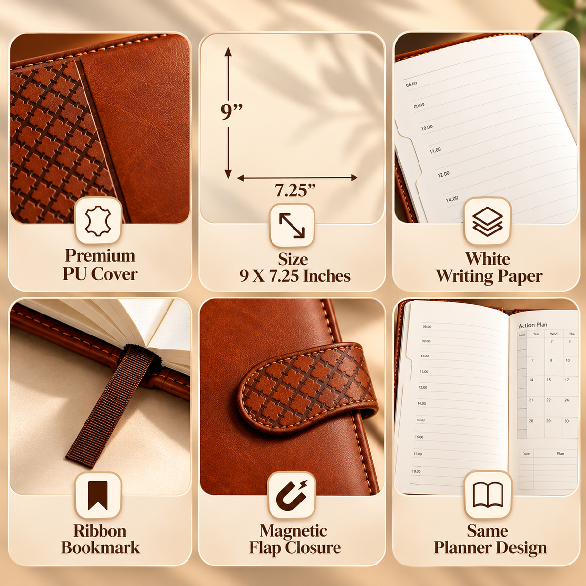 2027 Premium Brown Leatherette Diary Planner – 9 × 7.25 Inch, Magnetic Closure & Ribbon Bookmark