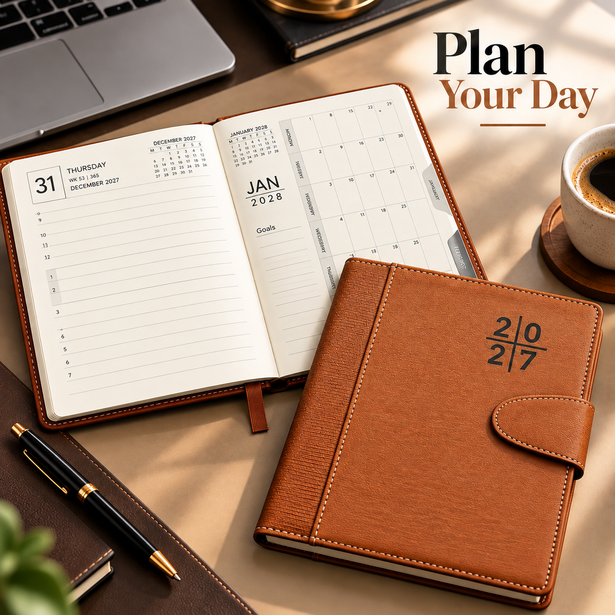 2027 Premium  Brown Executive Diary – 9 × 7.25 Inch, Magnetic Flap Planner, Goals setter