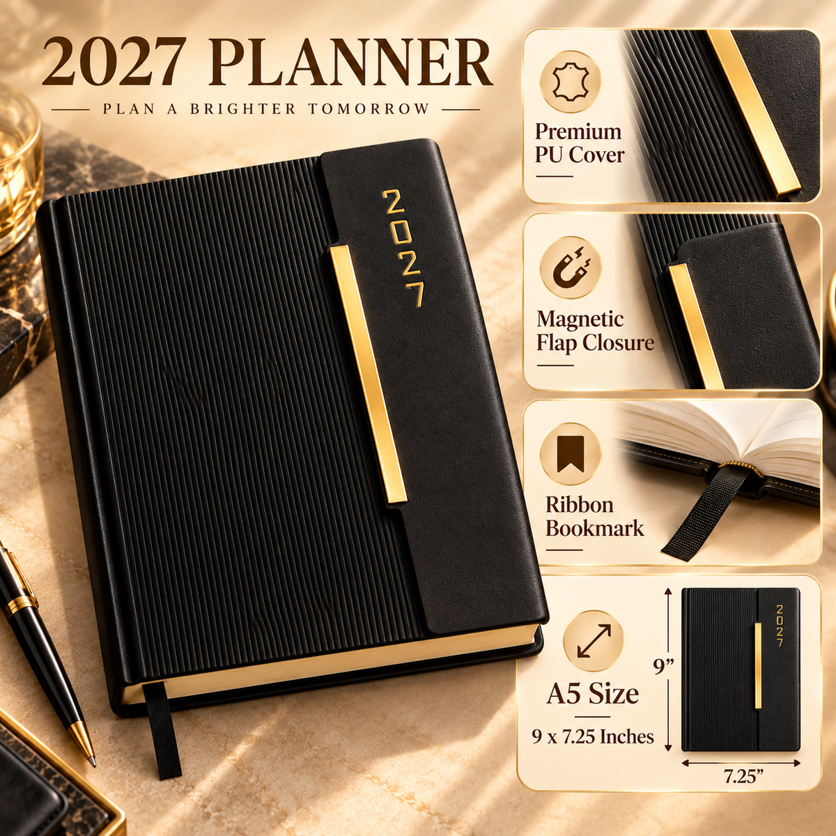 2027 Premium Black Executive Diary – 9 × 7.25 Inch, Magnetic Flap Closure & Daily Planner